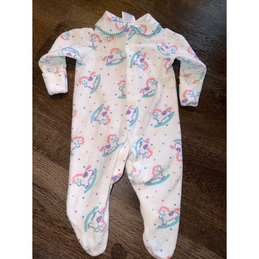 Toddletime Baby Girls Fleece Footie Sleeper Rocking Horse Print vintage 3 Months